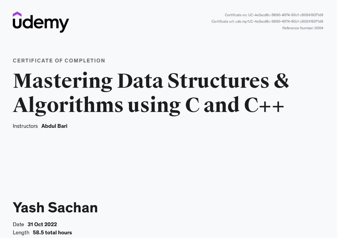 Data Structures & Algorithms — certificate issued by Udemy