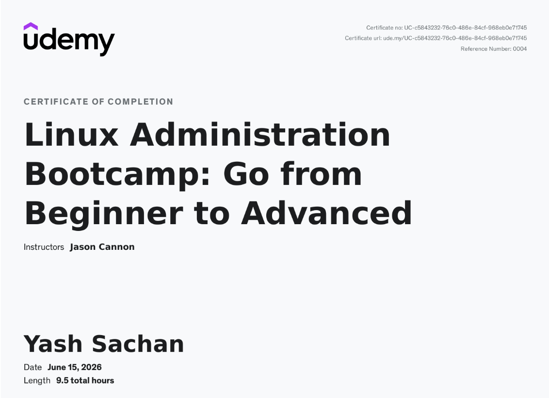 Linux Administration Bootcamp — certificate issued by Udemy