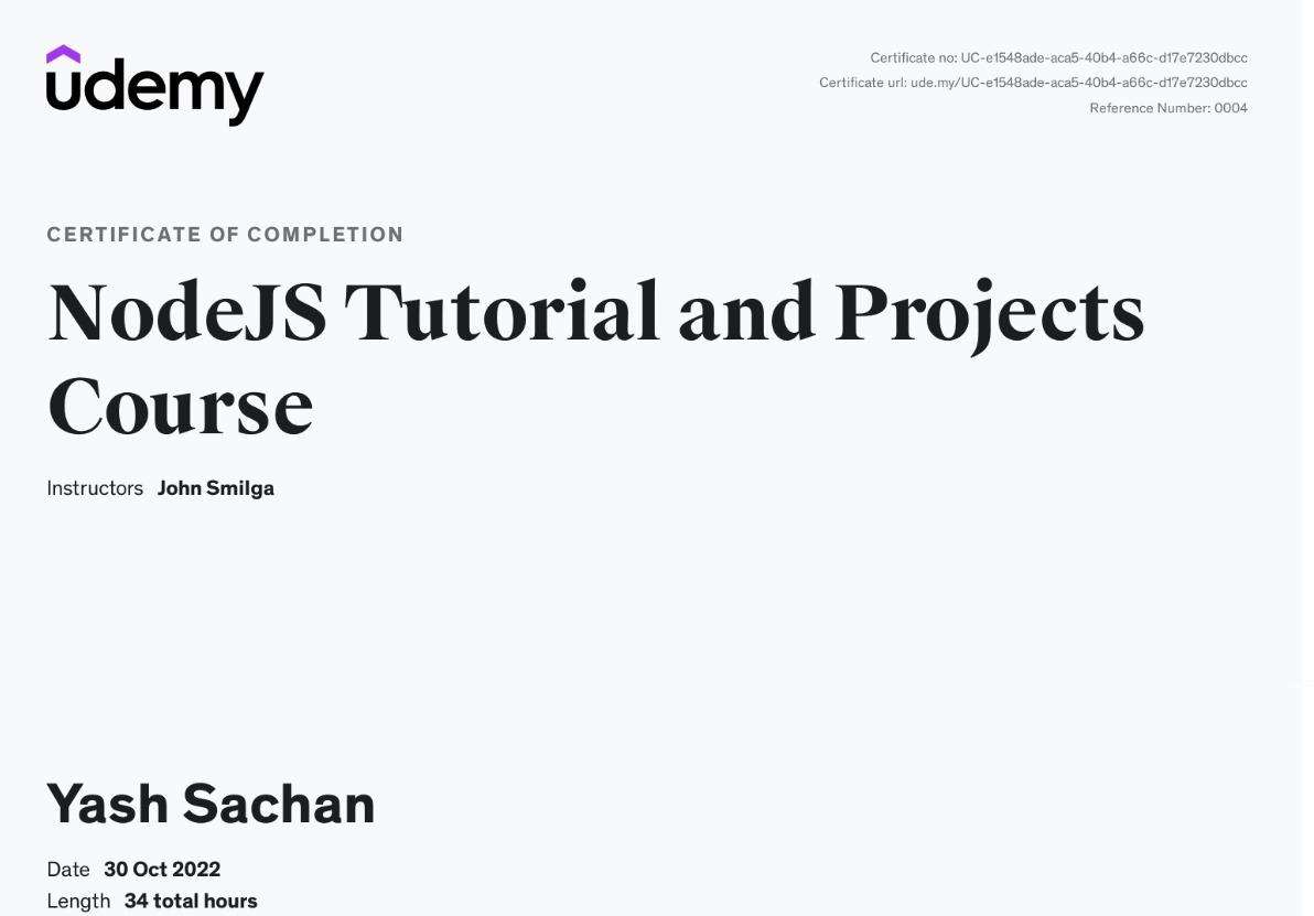 Backend Engineering with Node.js — certificate issued by Udemy