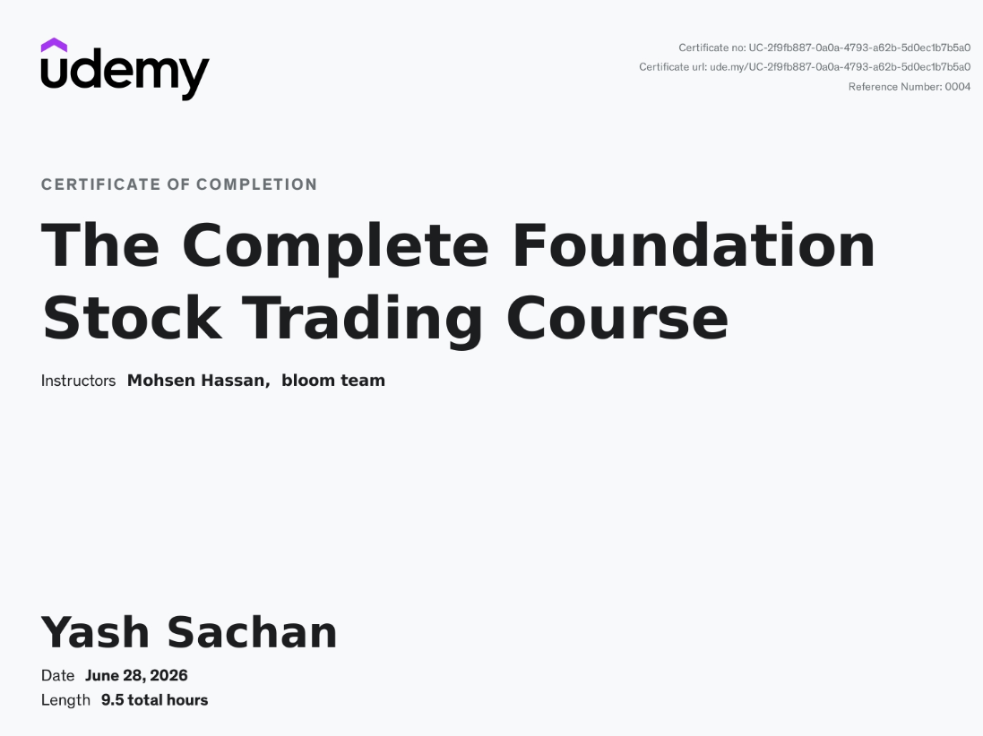 The Complete Stock Foundation Course — certificate issued by Udemy
