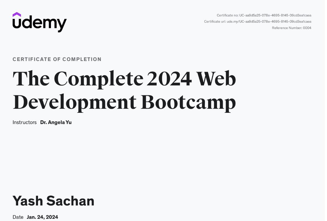 Web Development Bootcamp — certificate issued by Udemy